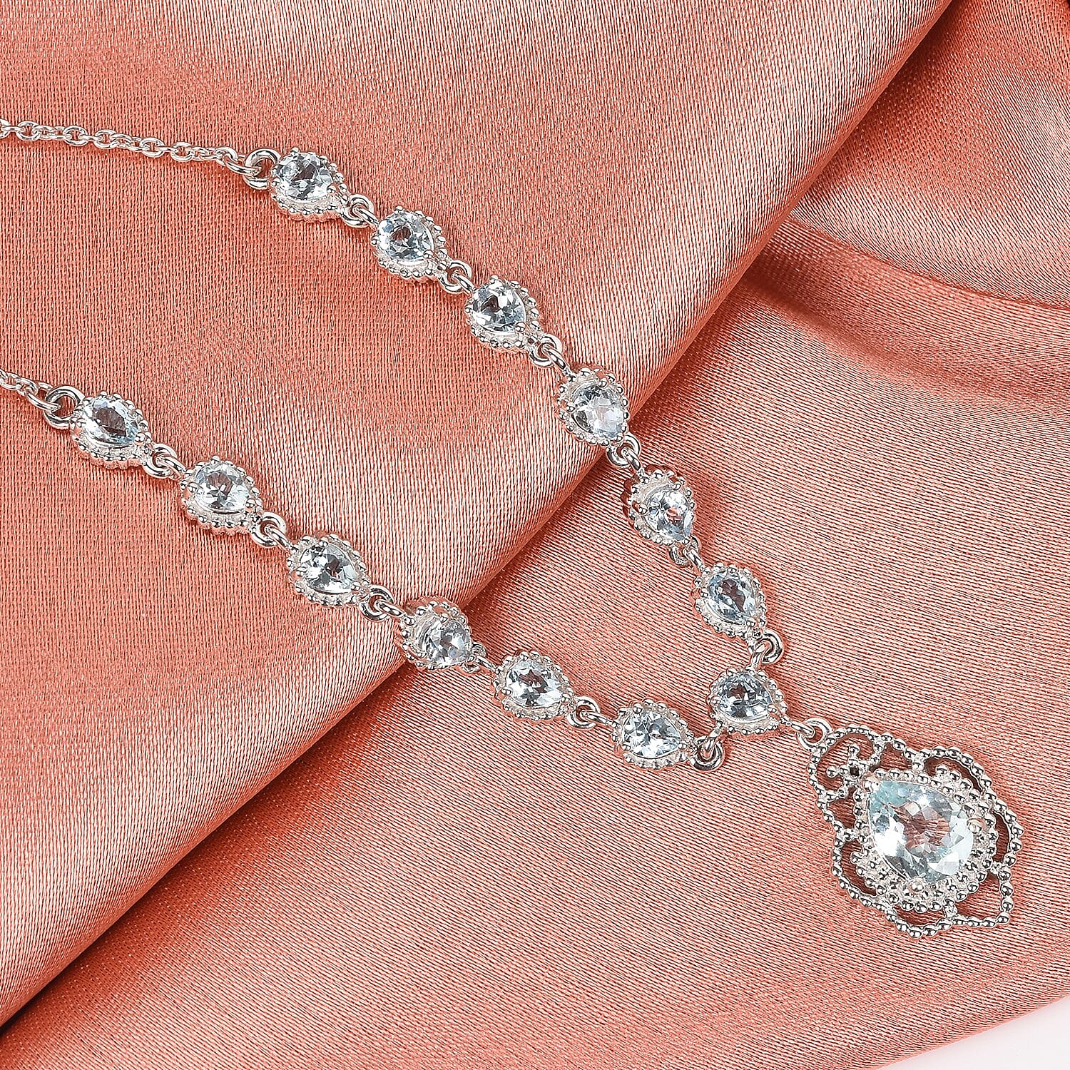 AA Santa Teresa Aquamarine Necklace (Size 18 with 2 inch Extender) in Platinum Overlay Sterling Silver 2.75 Ct