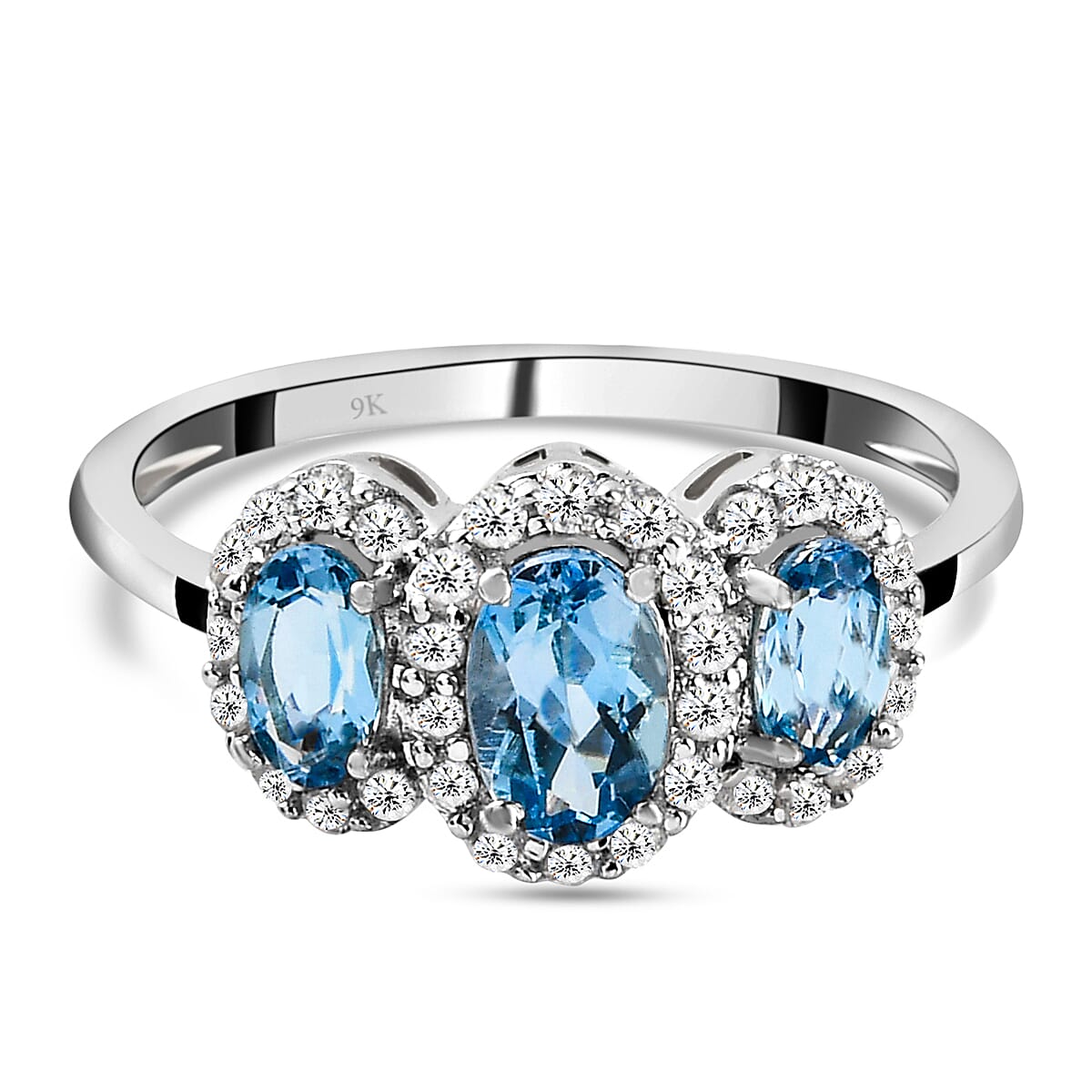 9K White Gold Santamaria Aquamarine and Natural Zircon Ring 1.19 Ct