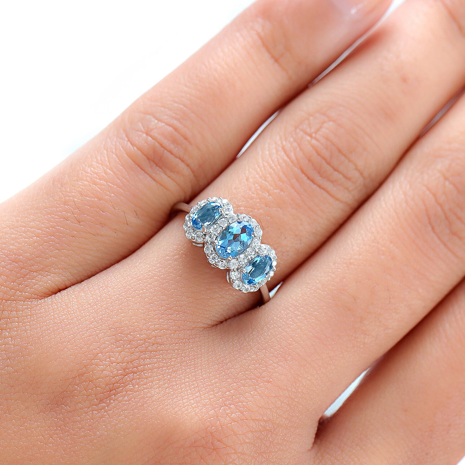 9K White Gold Santamaria Aquamarine and Natural Zircon Ring 1.19 Ct