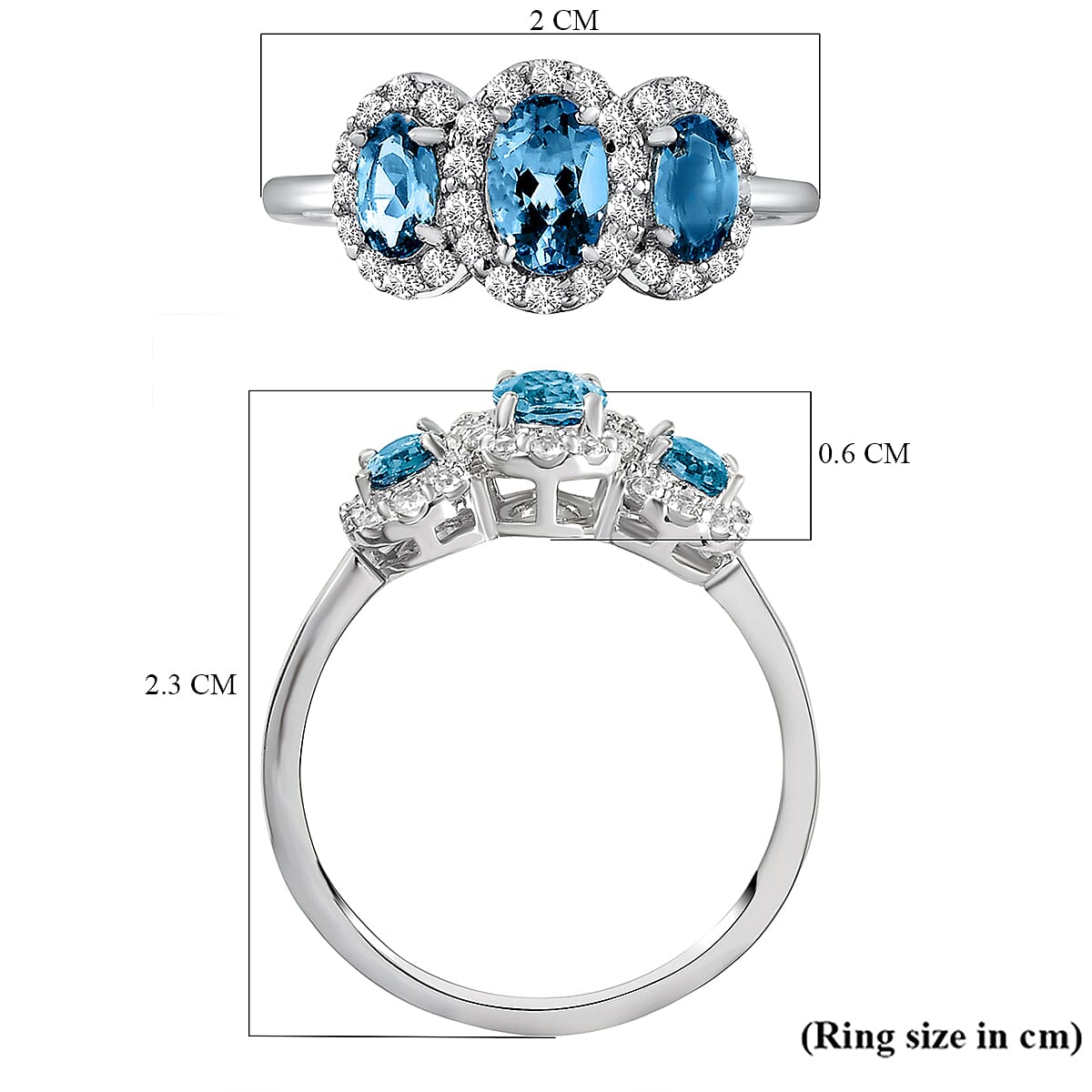 9K White Gold Santamaria Aquamarine and Natural Zircon Ring 1.19 Ct