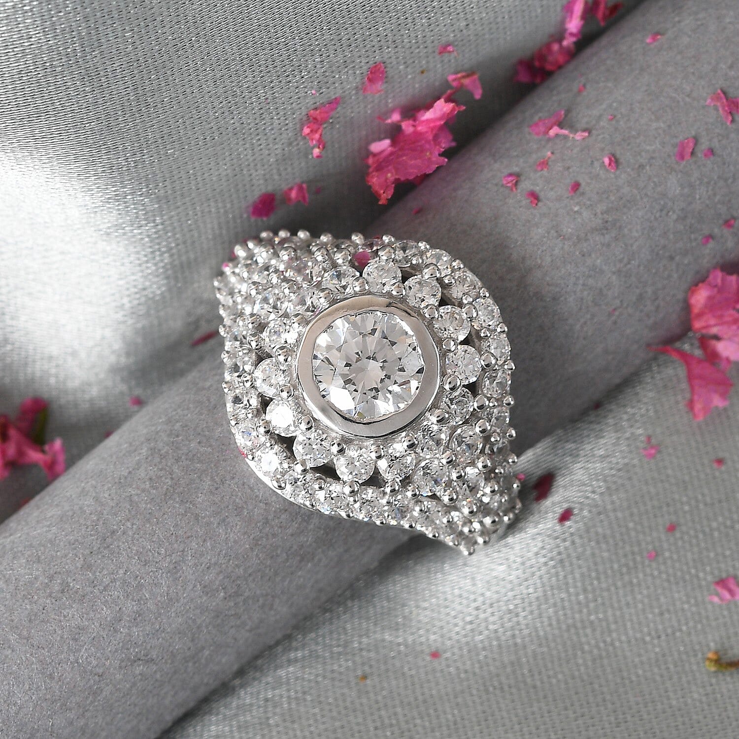 Lustro Stella Platinum Overlay Sterling Silver Ring Made with Finest CZ 4.16 Ct.