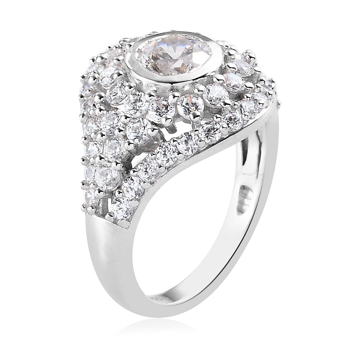 Lustro Stella Platinum Overlay Sterling Silver Ring Made with Finest CZ 4.16 Ct.