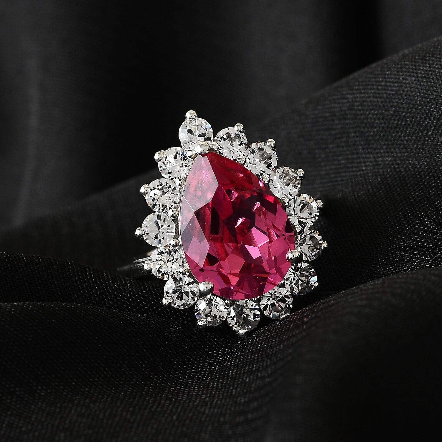 Lustro Stella  Rose and White Crystal Halo Ring in Platinum Overlay Sterling Silver