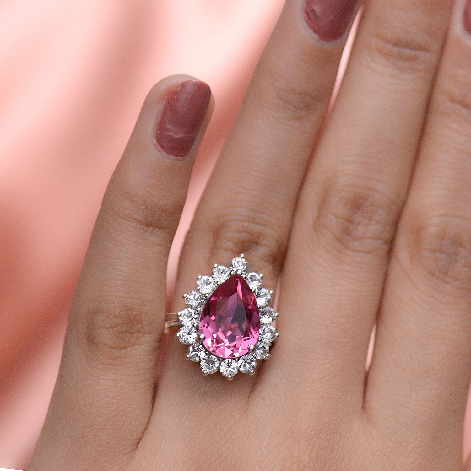 Lustro Stella  Rose and White Crystal Halo Ring in Platinum Overlay Sterling Silver