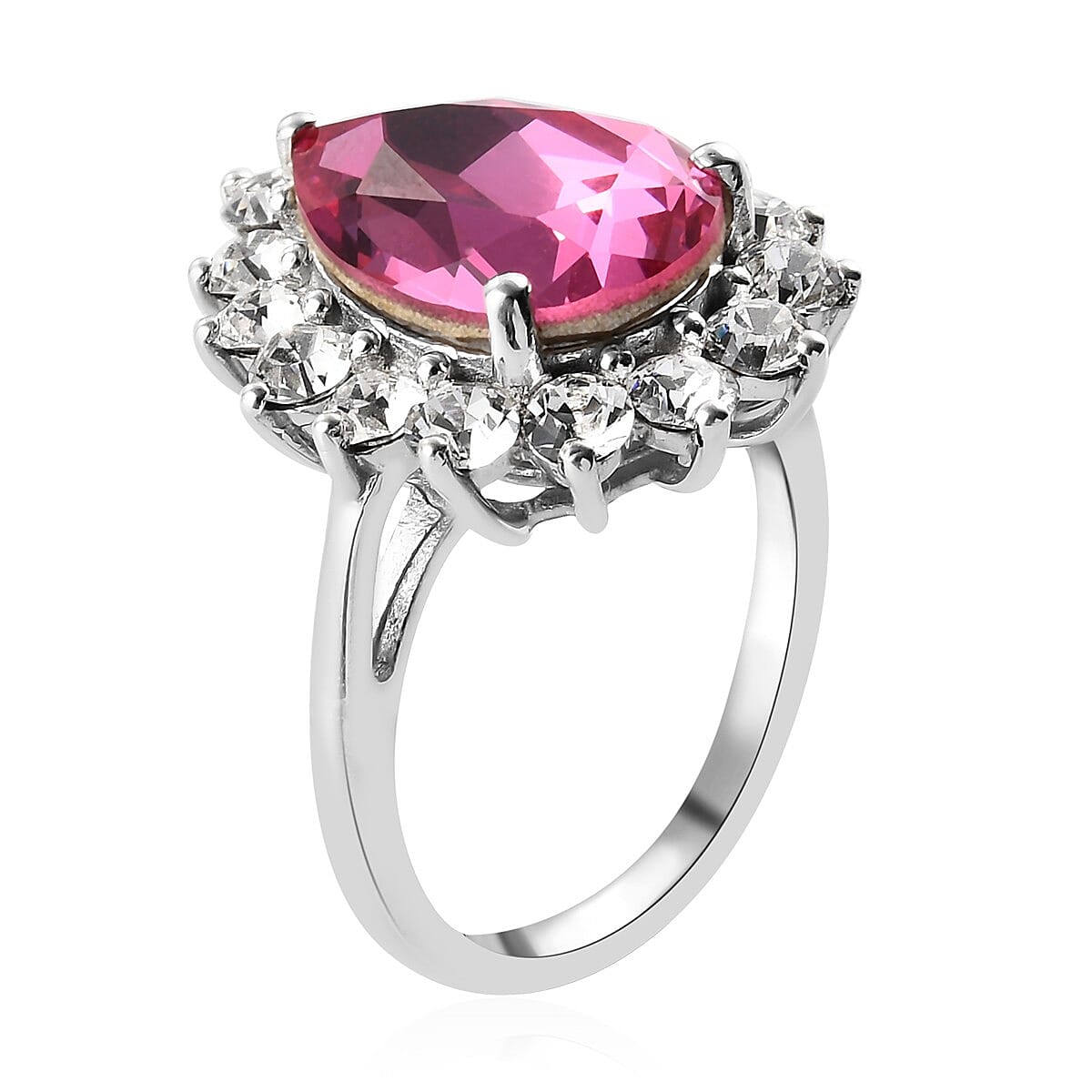 Lustro Stella  Rose and White Crystal Halo Ring in Platinum Overlay Sterling Silver