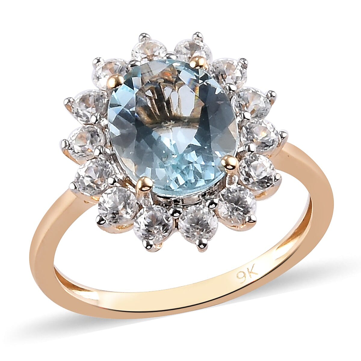 9K Yellow Gold  Aquamarine and Natural Cambodian Zircon Halo Ring 3.50 Ct.