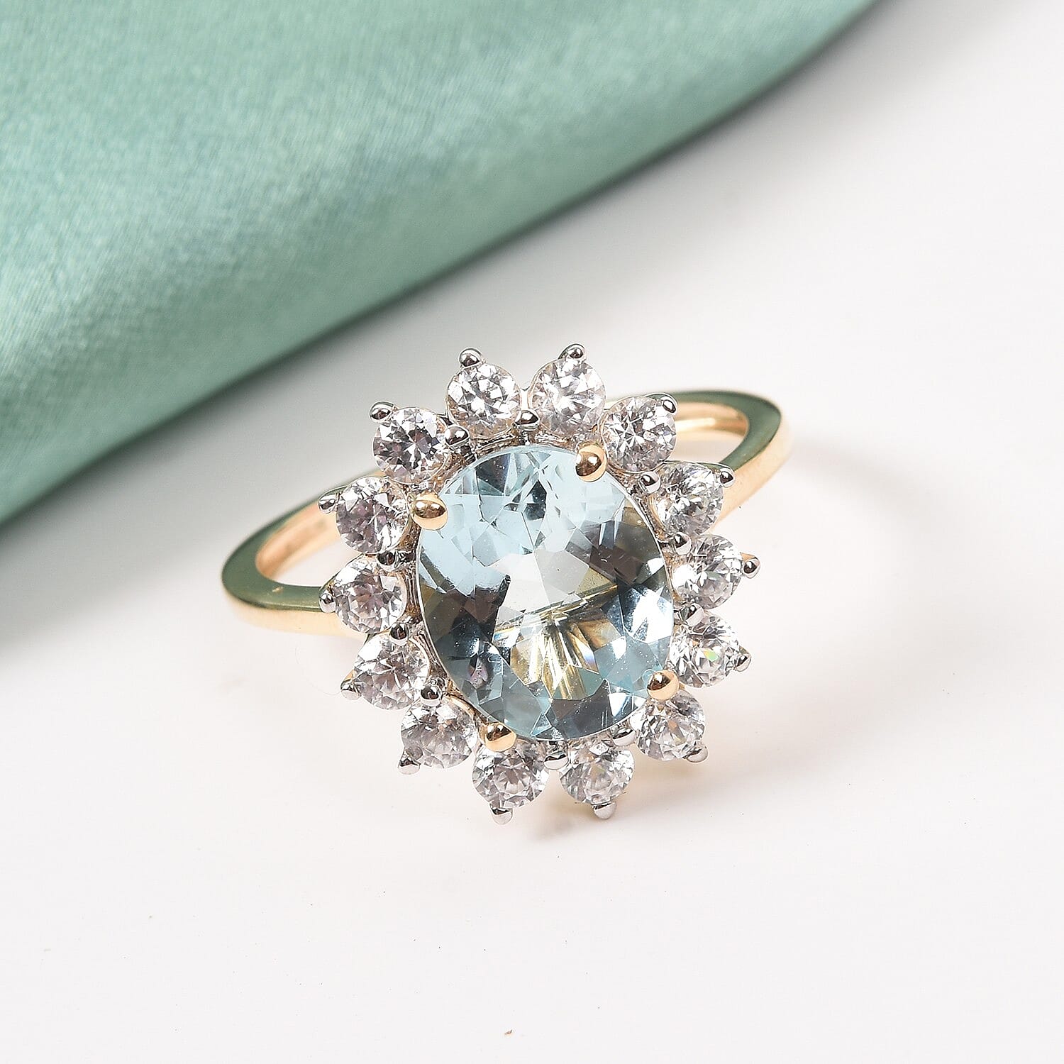 9K Yellow Gold  Aquamarine and Natural Cambodian Zircon Halo Ring 3.50 Ct.
