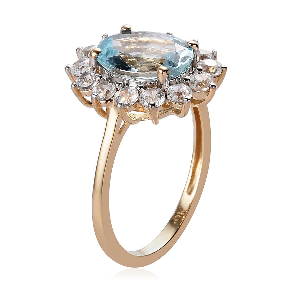 9K Yellow Gold  Aquamarine and Natural Cambodian Zircon Halo Ring 3.50 Ct.