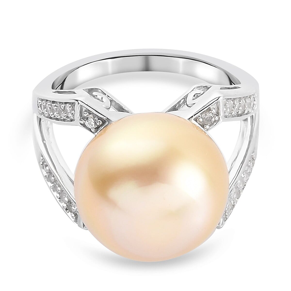 Royal Bali Collection - South Sea Pearl and Natural Zircon Ring in Platinum Overlay Sterling Silver
