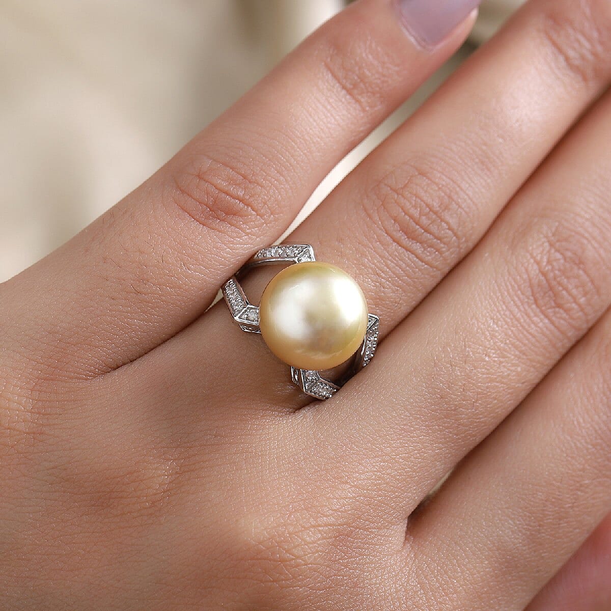 Royal Bali Collection - South Sea Pearl and Natural Zircon Ring in Platinum Overlay Sterling Silver