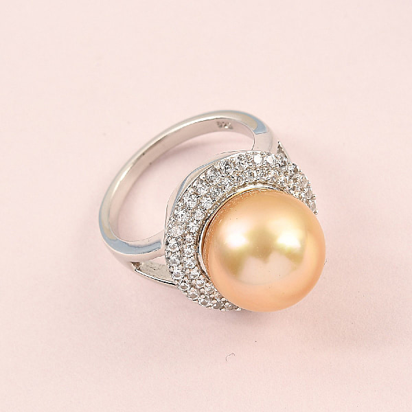Royal Bali Collection Golden South Sea Pearl and White Zircon Ring in ...