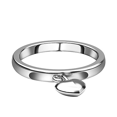 Platinum Overlay Sterling Silver Band Ring with Heart Charm