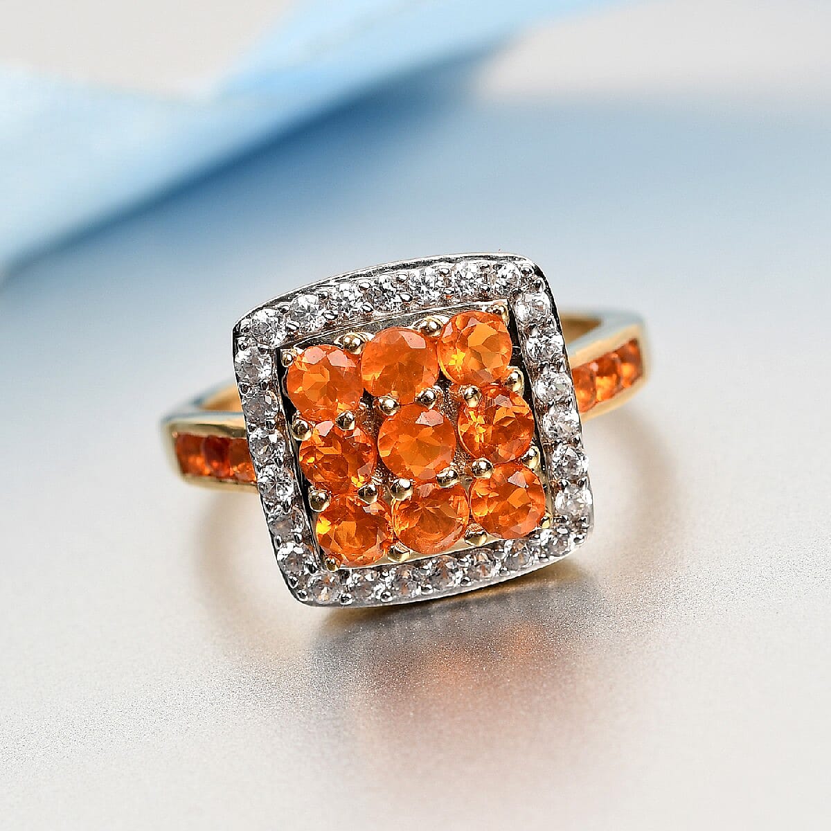 Jalisco Fire Opal and Natural Cambodian Zircon Ring in 14K Gold Overlay Sterling Silver 1.39 Ct.