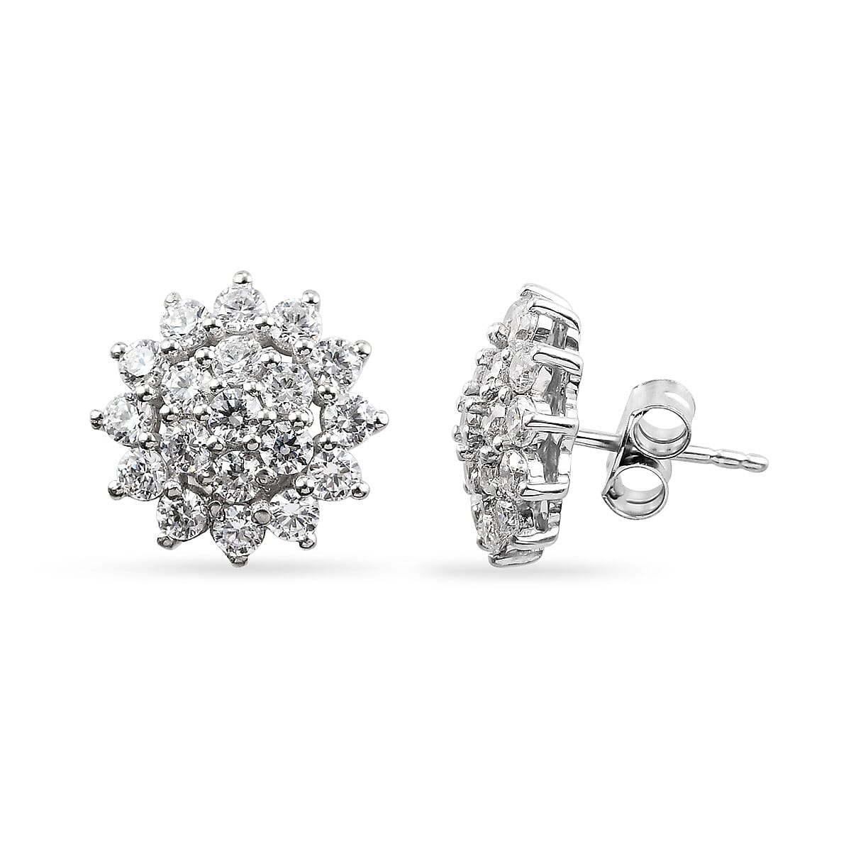 Lustro Stella Platinum Overlay Sterling Silver Cluster Floral Earrings (with Push Back) Made with Finest CZ 3.25 Ct.