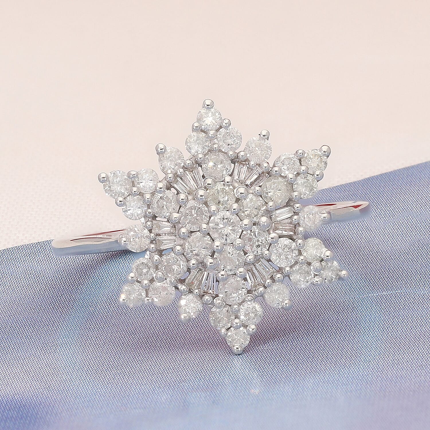 9K White Gold SGL CERTIFIED Diamond (I3-G-H) Snowflake Ring 1.00 Ct.
