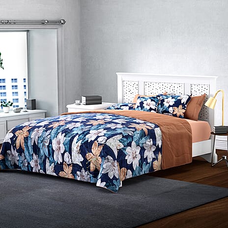 4 Piece Set - 100% Mulberry Silk Quilt with 100% Cotton Cover (225x220cm) 2 Pillow Cases (50x70-5cm) and Cushion Cover (40x40cm) in Navy (Size King - 1000GM)