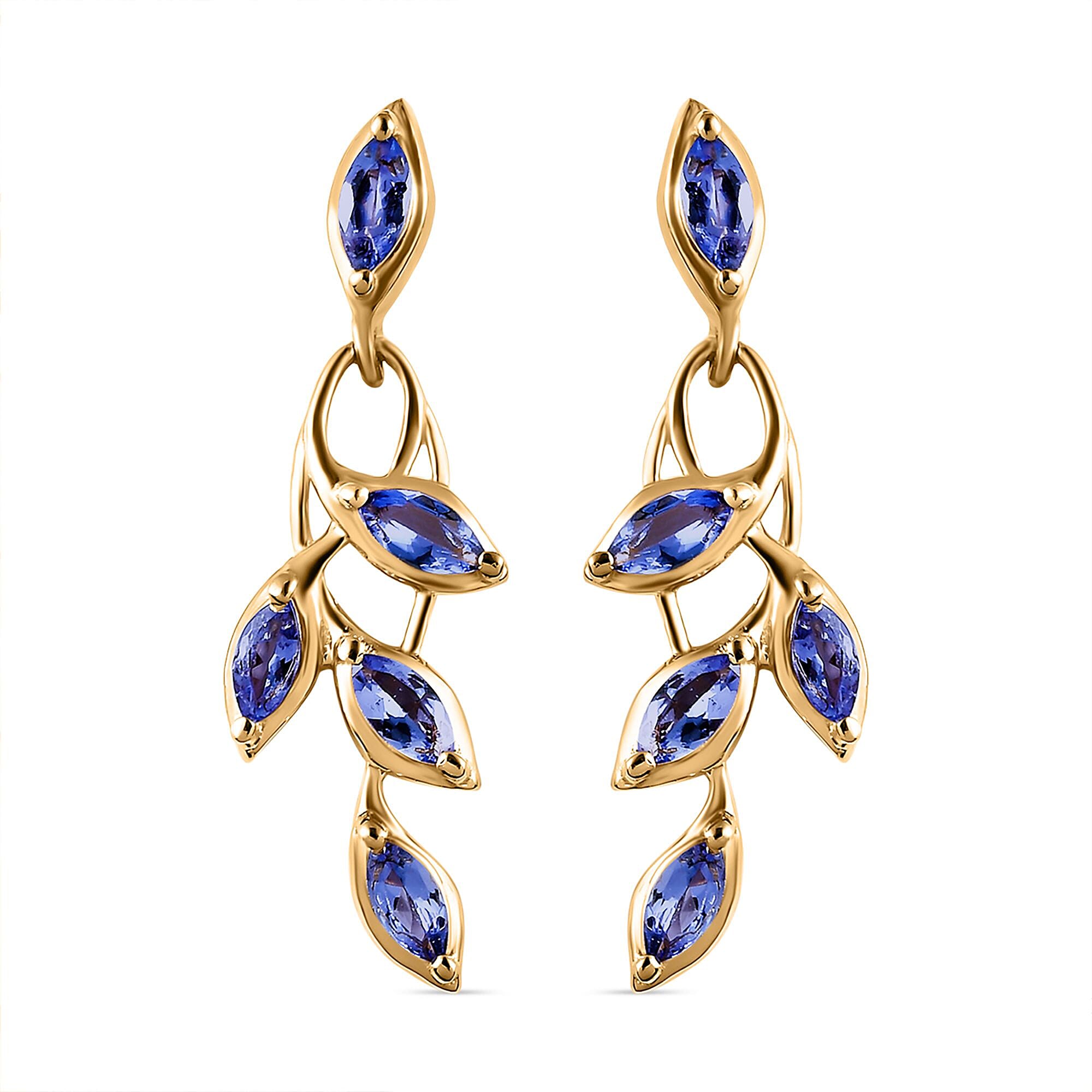 Tanzanite Leaf Dangling Earrings with Push Back in 18K Vermeil Yellow Gold Plated Sterling Silver 1.59 Ct.