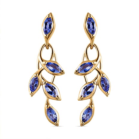 Tanzanite Leaf Dangling Earrings with Push Back in 18K Vermeil Yellow Gold Plated Sterling Silver 1.59 Ct.