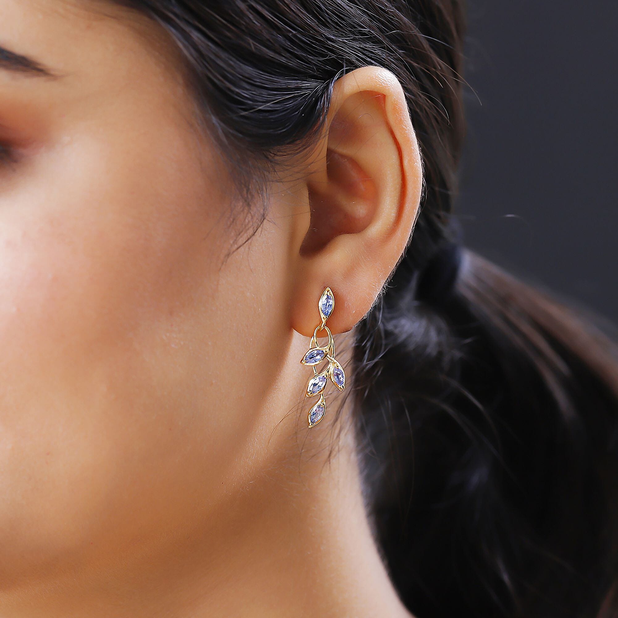 Tanzanite Leaf Dangling Earrings with Push Back in 18K Vermeil Yellow Gold Plated Sterling Silver 1.59 Ct.