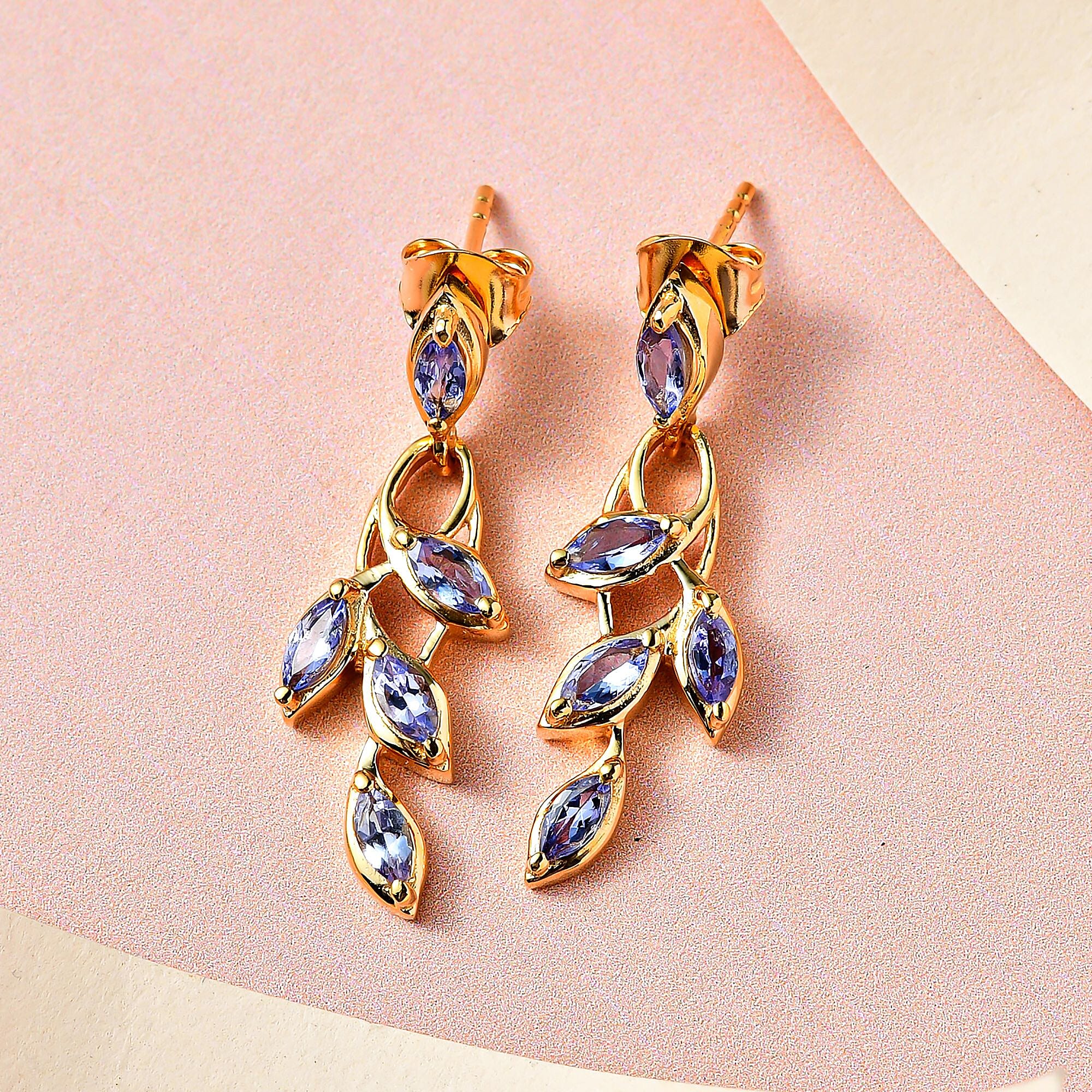 Tanzanite Leaf Dangling Earrings with Push Back in 18K Vermeil Yellow Gold Plated Sterling Silver 1.59 Ct.