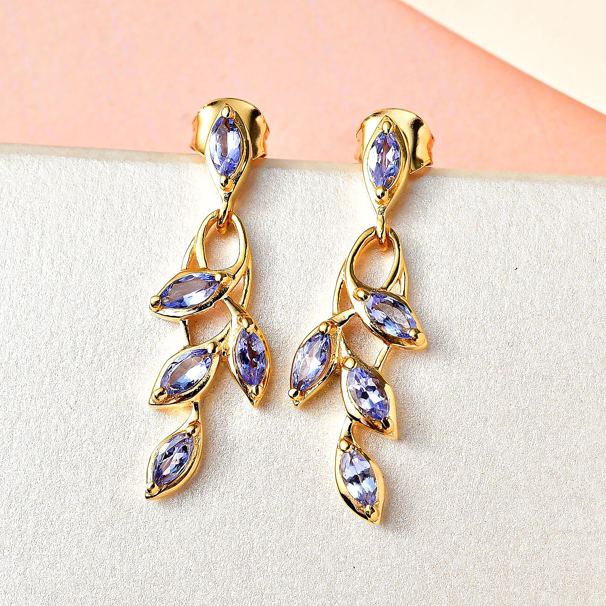 Tanzanite Leaf Dangling Earrings with Push Back in 18K Vermeil Yellow Gold Plated Sterling Silver 1.59 Ct.