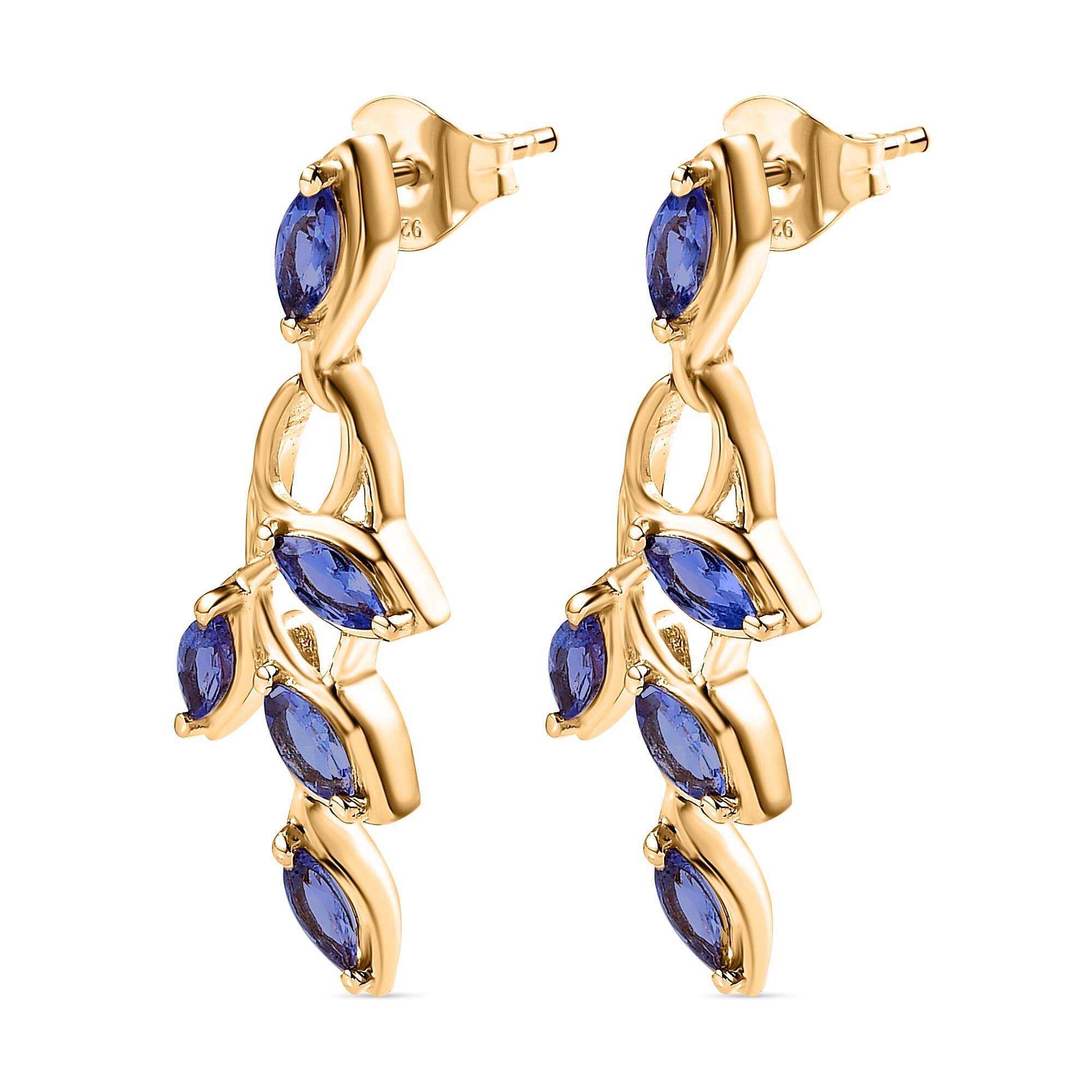Tanzanite Leaf Dangling Earrings with Push Back in 18K Vermeil Yellow Gold Plated Sterling Silver 1.59 Ct.