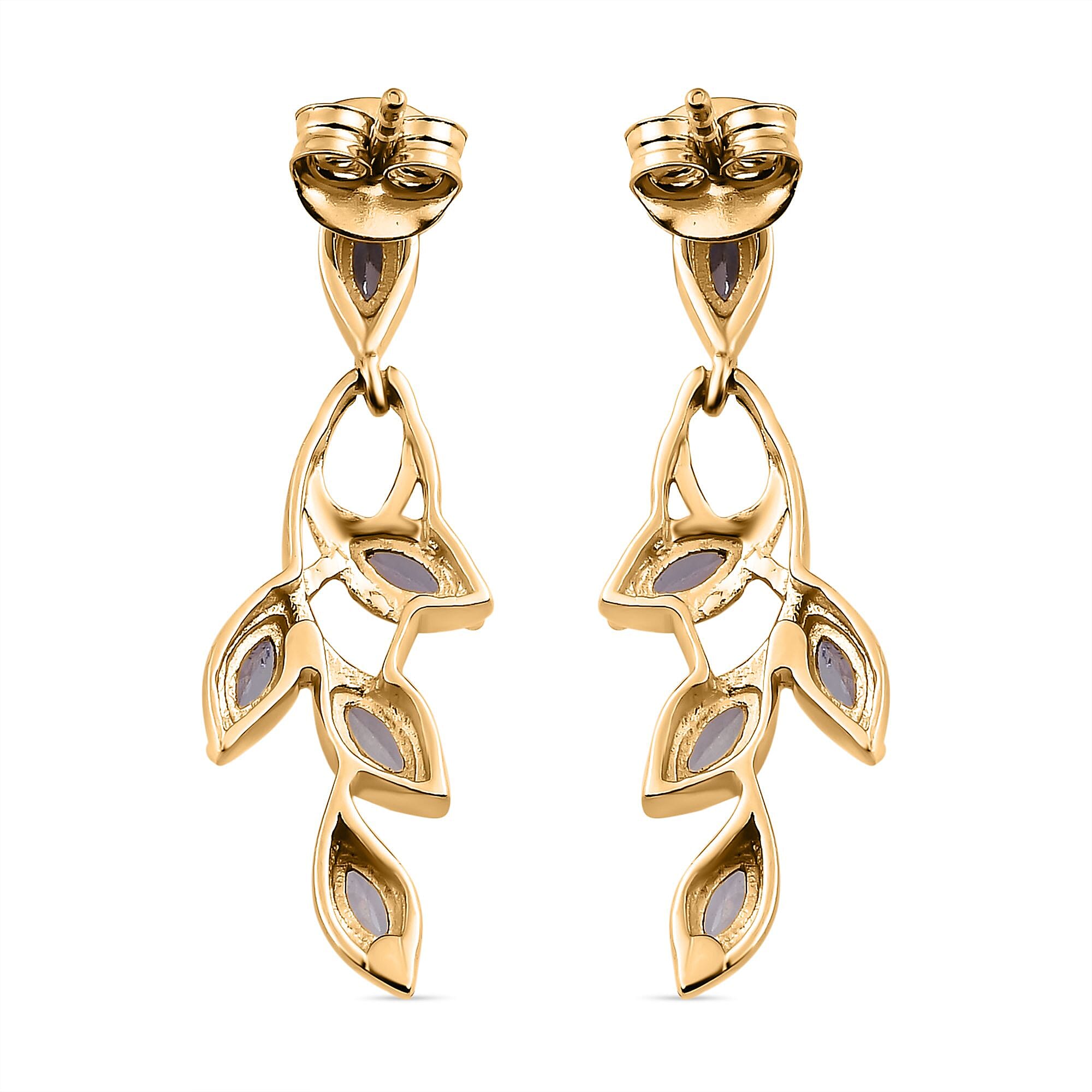 Tanzanite Leaf Dangling Earrings with Push Back in 18K Vermeil Yellow Gold Plated Sterling Silver 1.59 Ct.