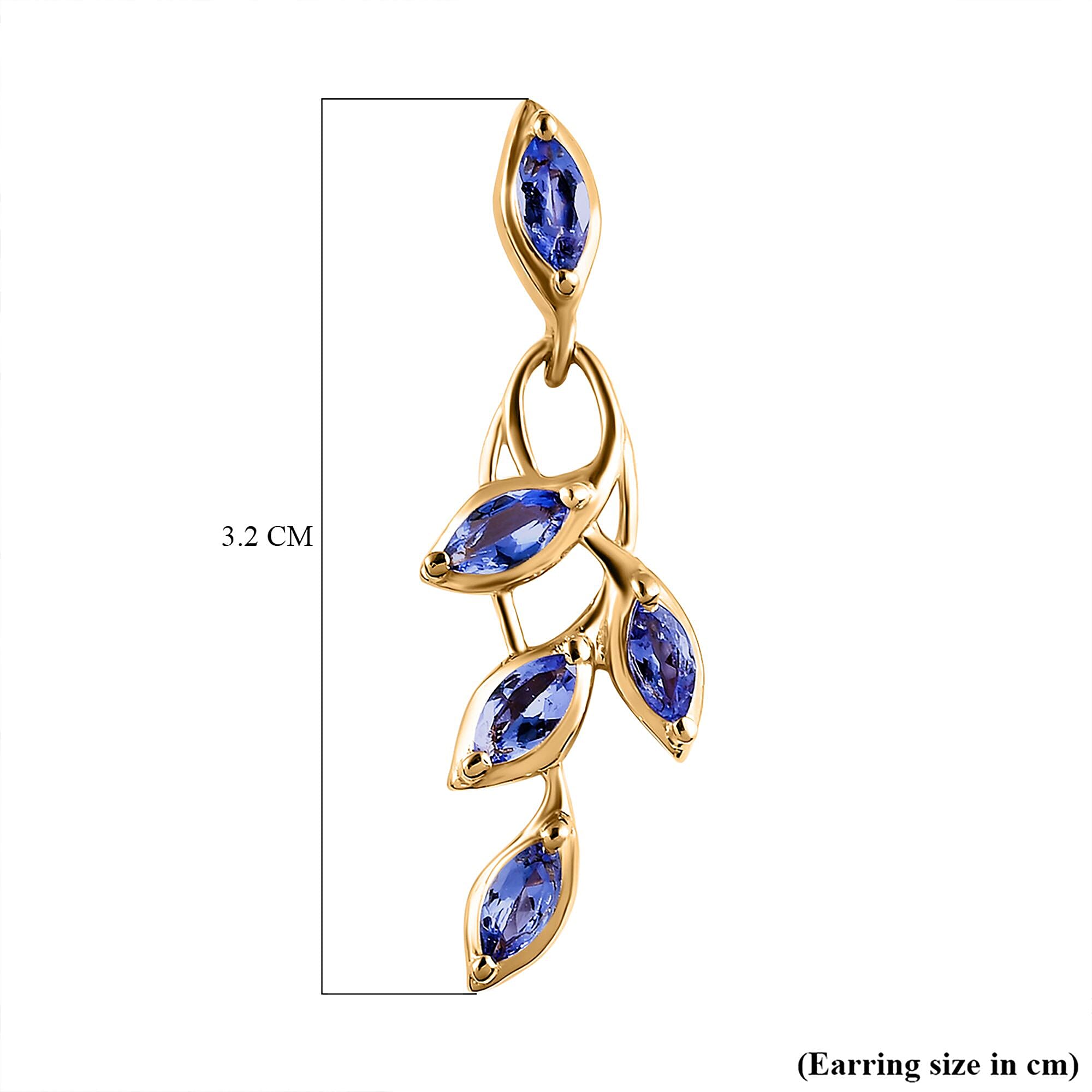 Tanzanite Leaf Dangling Earrings with Push Back in 18K Vermeil Yellow Gold Plated Sterling Silver 1.59 Ct.