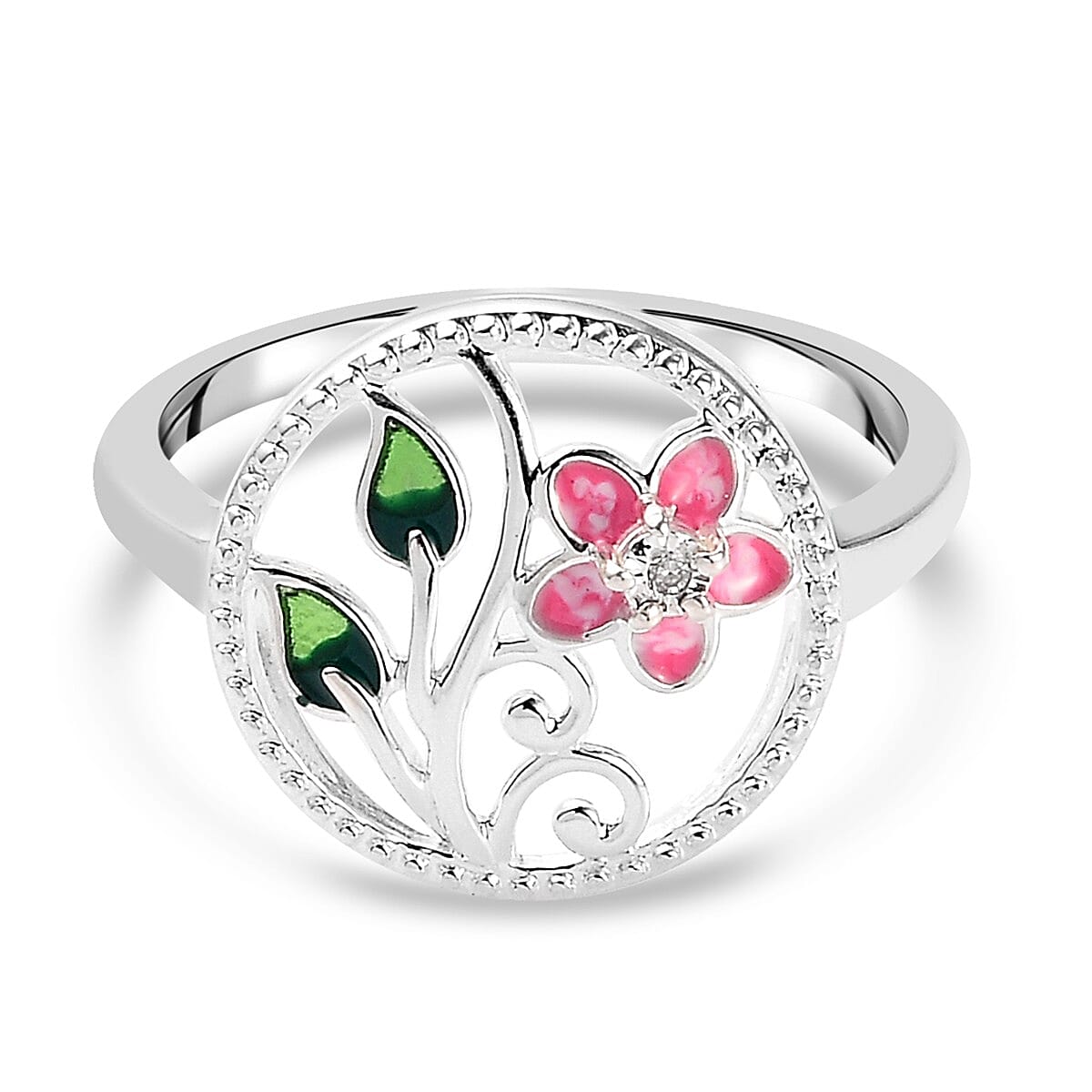 Diamond Jasmine Flower Enamelled Ring in Sterling Silver