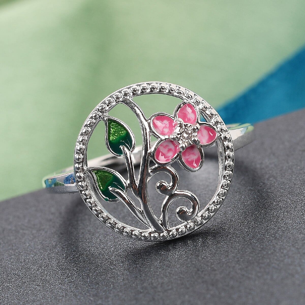 Diamond Jasmine Flower Enamelled Ring in Sterling Silver