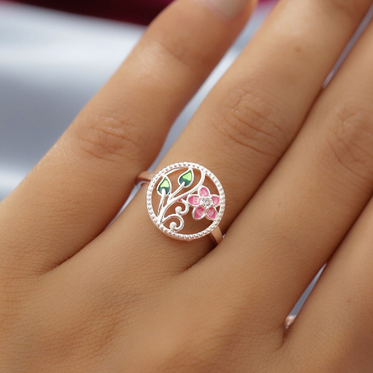 Diamond Jasmine Flower Enamelled Ring in Sterling Silver