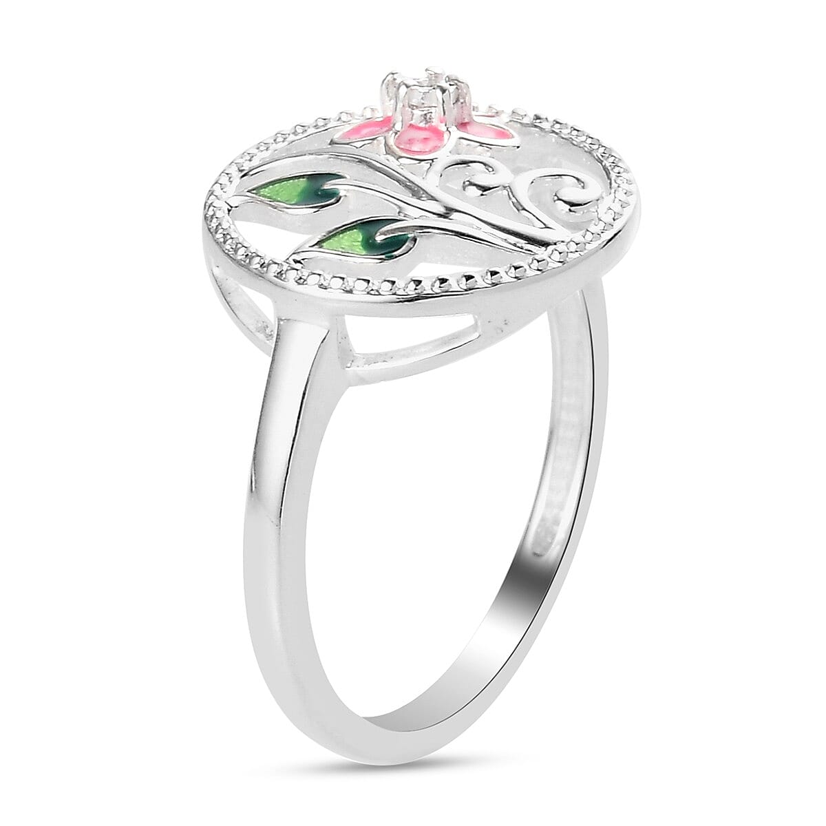 Diamond Jasmine Flower Enamelled Ring in Sterling Silver