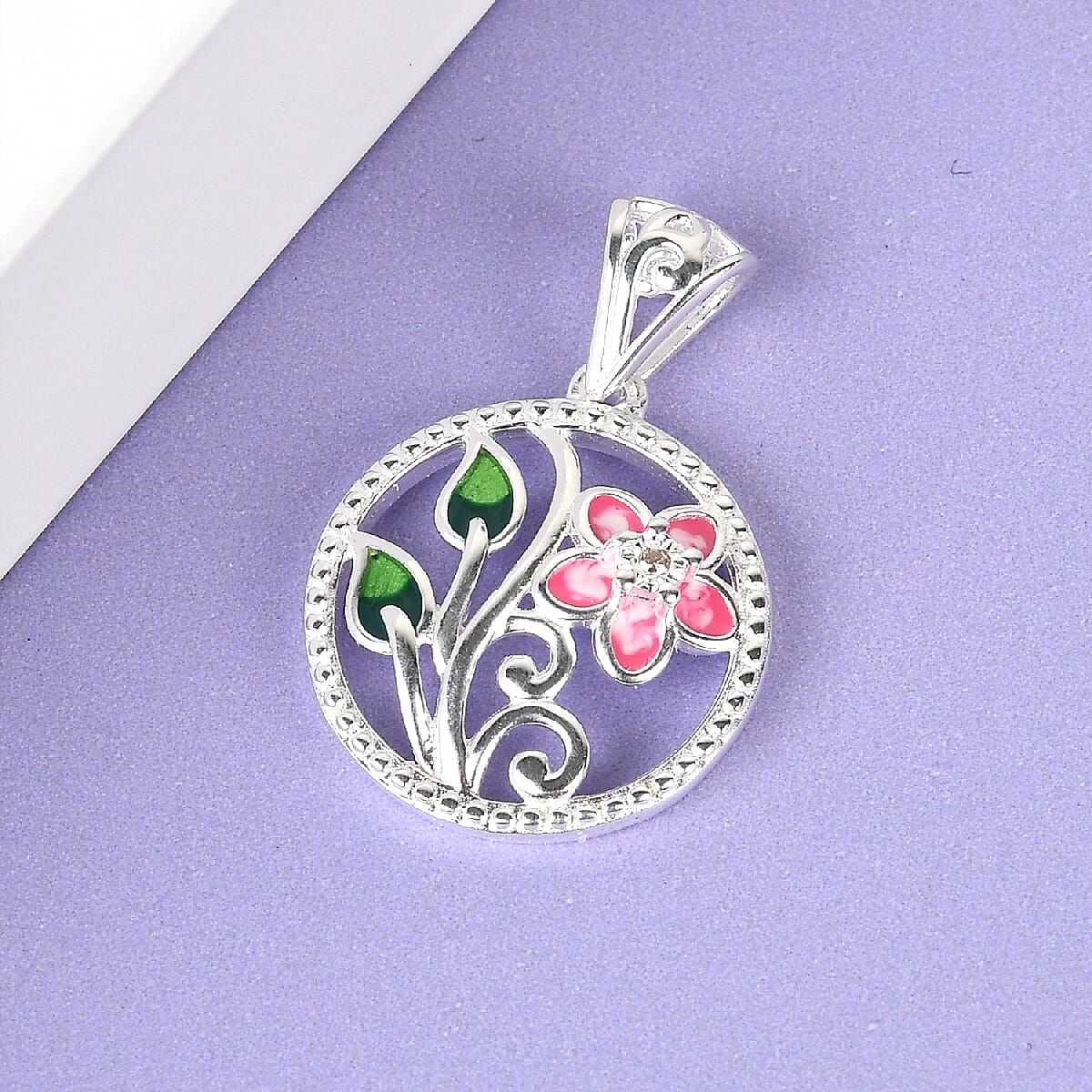 Diamond Jasmine Flower Enamelled Pendant in Sterling Silver