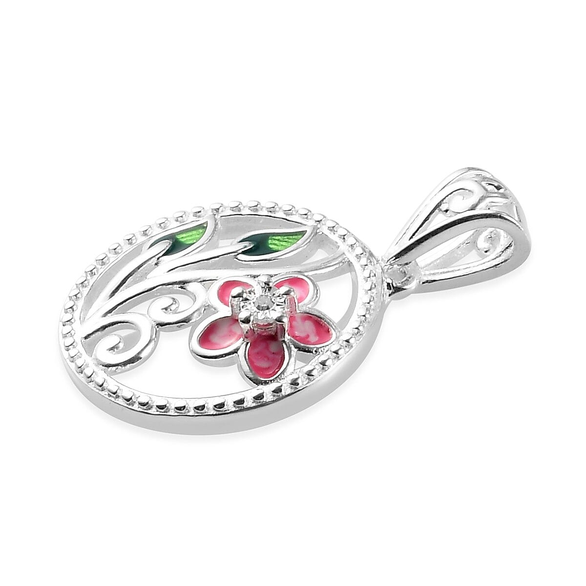 Diamond Jasmine Flower Enamelled Pendant in Sterling Silver