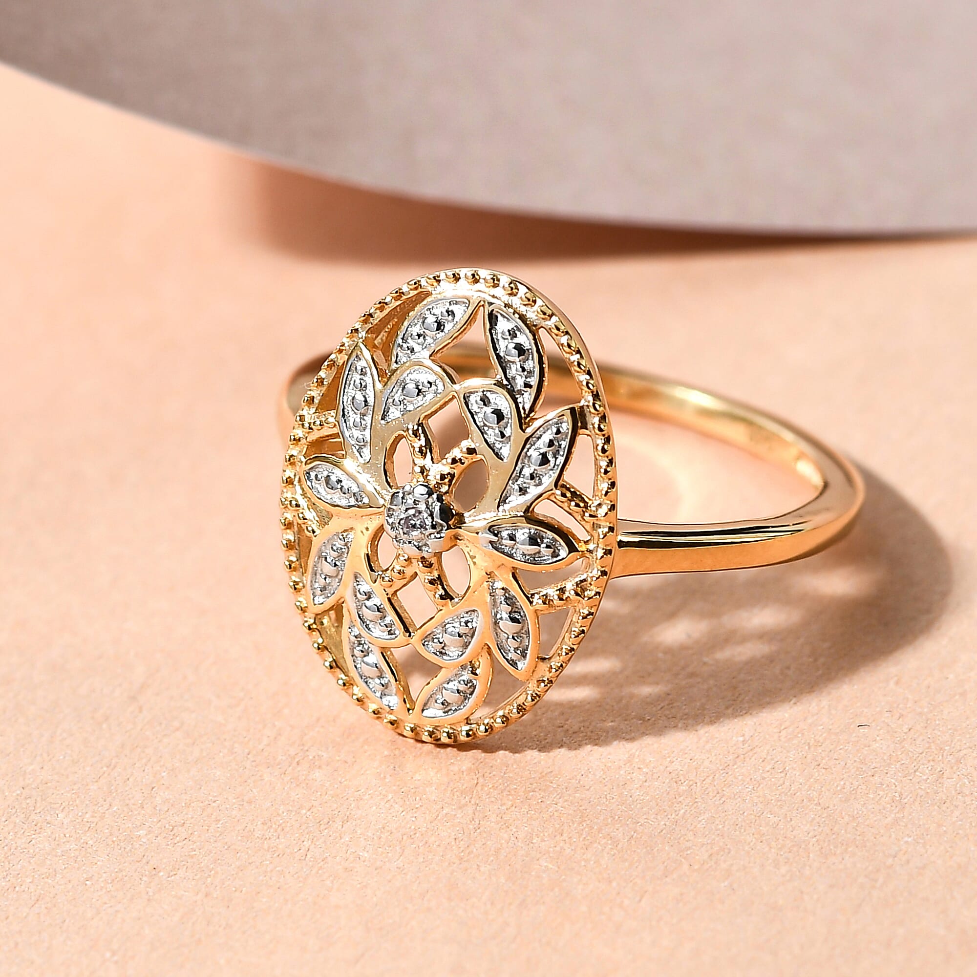 Diamond Ring in 18K Vermeil Yellow Gold Plated Sterling Silver