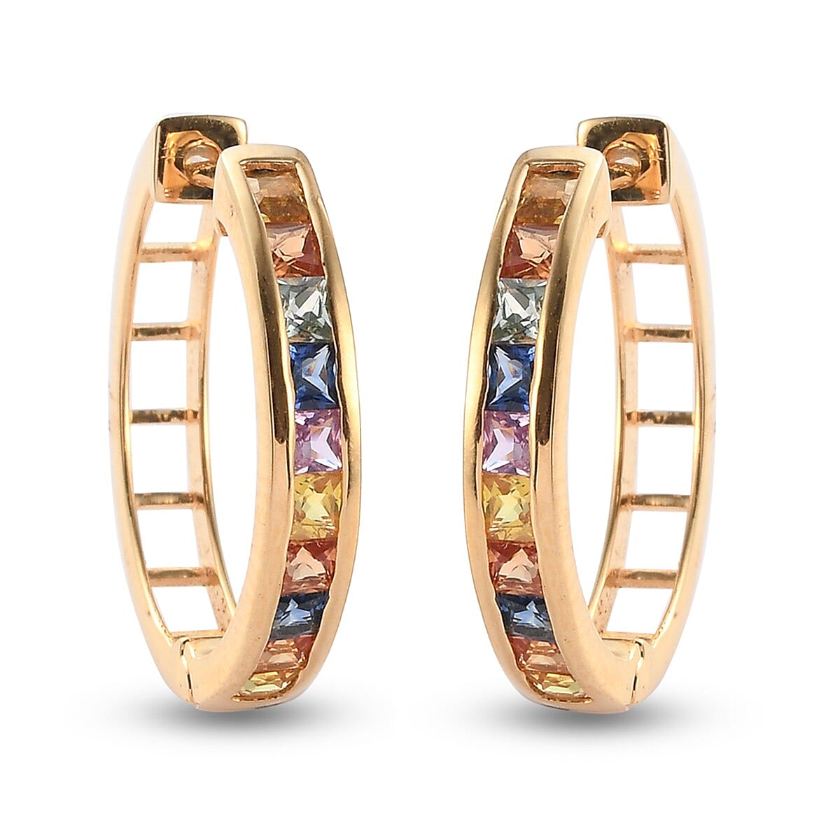 Rainbow Sapphire Full Hoop Earrings (with Clasp) in 14K Gold Overlay Sterling Silver 2.11 Ct.