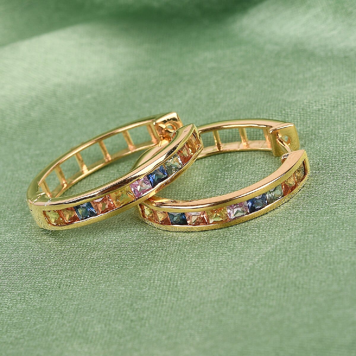 Rainbow Sapphire Full Hoop Earrings (with Clasp) in 14K Gold Overlay Sterling Silver 2.11 Ct.