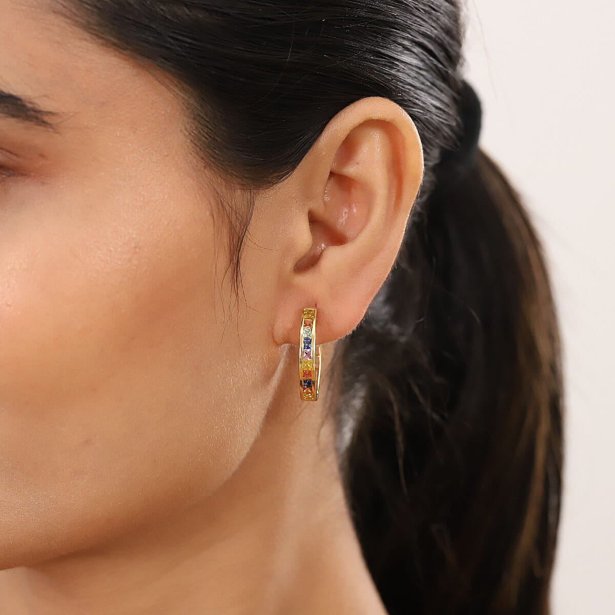 Rainbow Sapphire Full Hoop Earrings (with Clasp) in 14K Gold Overlay Sterling Silver 2.11 Ct.