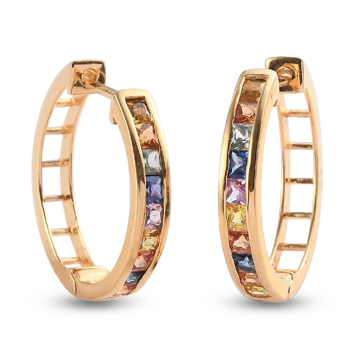 Rainbow Sapphire Full Hoop Earrings (with Clasp) in 14K Gold Overlay Sterling Silver 2.11 Ct.