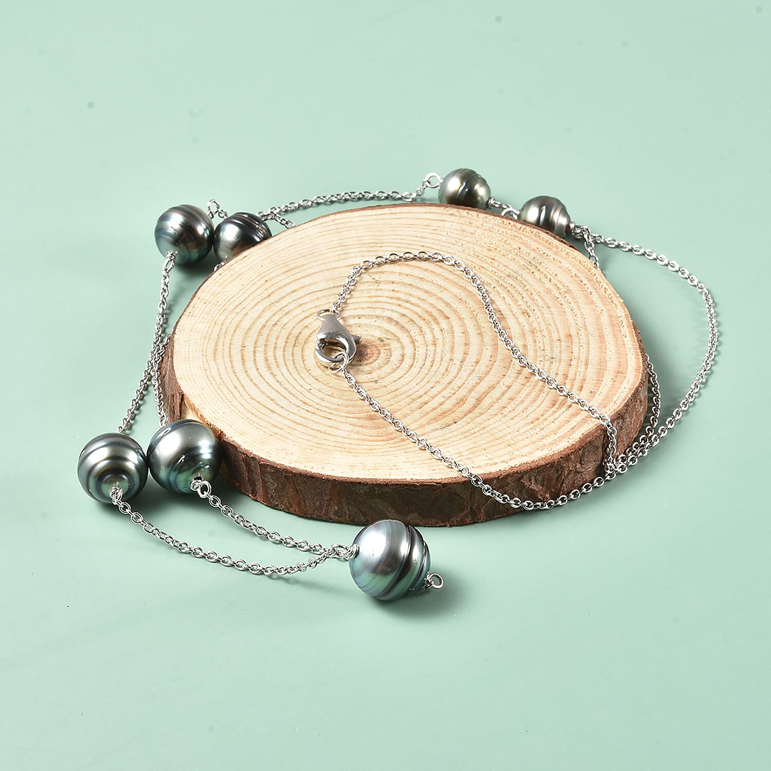 TJC Launch - Tahitian Pearl Station Necklace (Size - 24) in Rhodium Overlay Sterling Silver