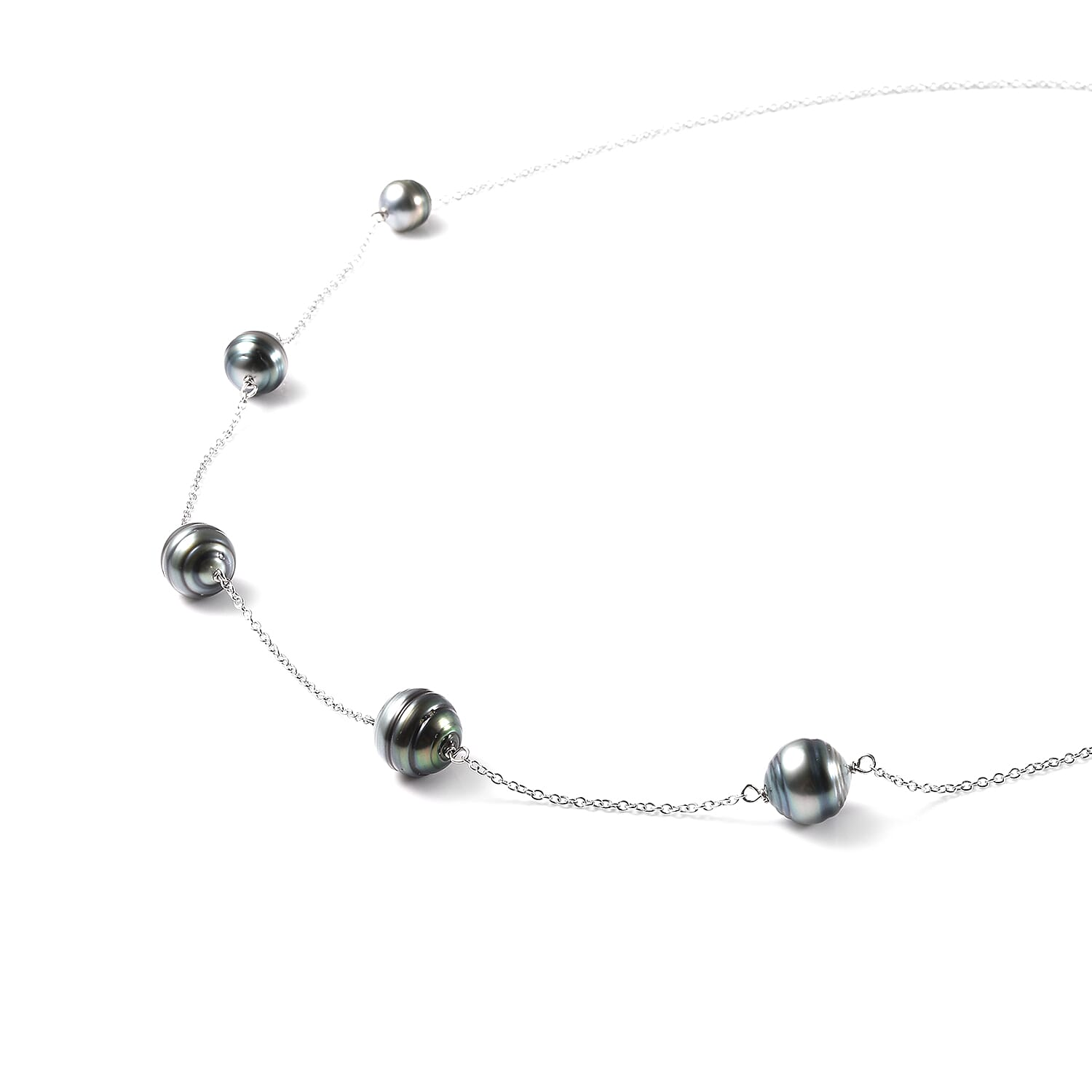 TJC Launch - Tahitian Pearl Station Necklace (Size - 24) in Rhodium Overlay Sterling Silver