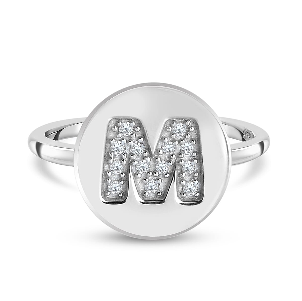 Diamond Initial-M Ring in Platinum Overlay Sterling Silver