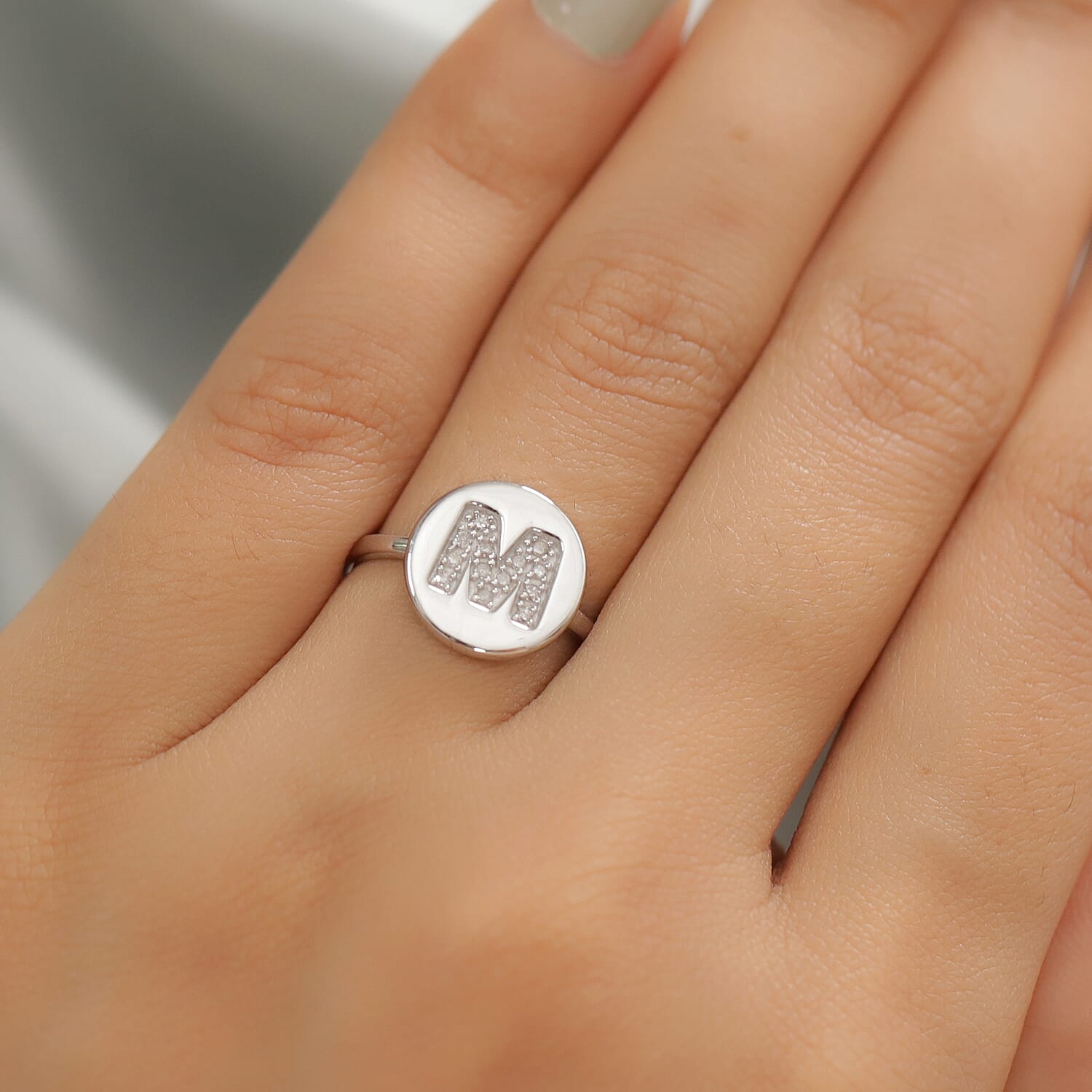 Diamond Initial-M Ring in Platinum Overlay Sterling Silver