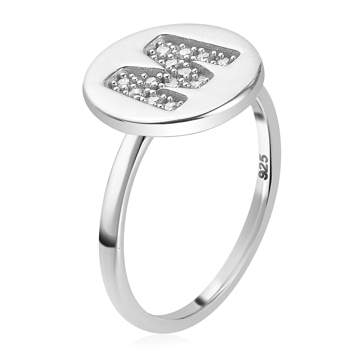 Diamond Initial-M Ring in Platinum Overlay Sterling Silver