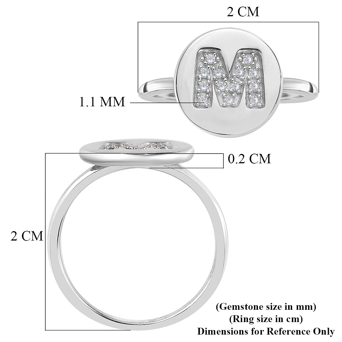 Diamond Initial-M Ring in Platinum Overlay Sterling Silver