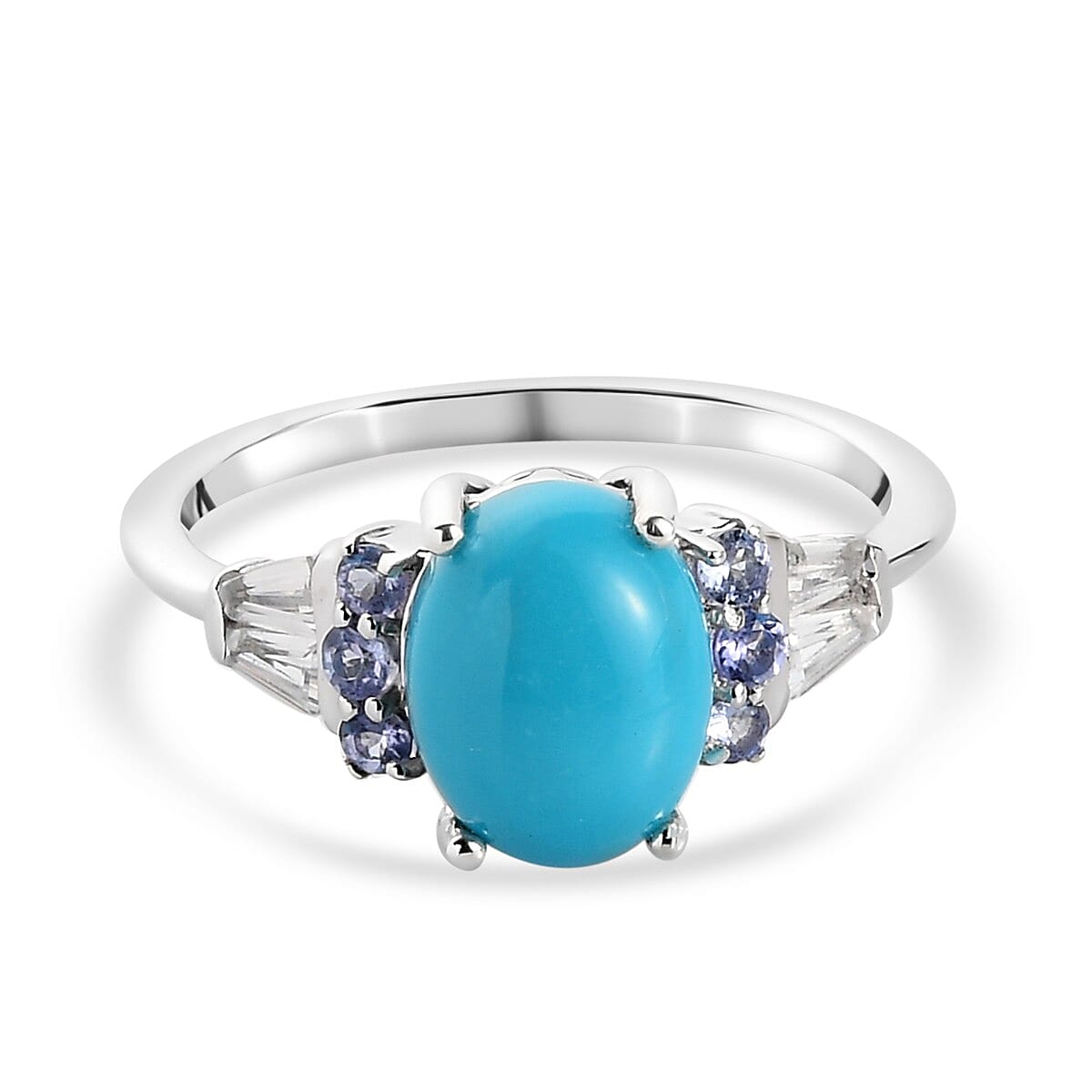 Arizona Sleeping Beauty Turquoise, Tanzanite and Natural Cambodian Zircon Ring in Platinum Overlay Sterling Silver 2.10 Ct.