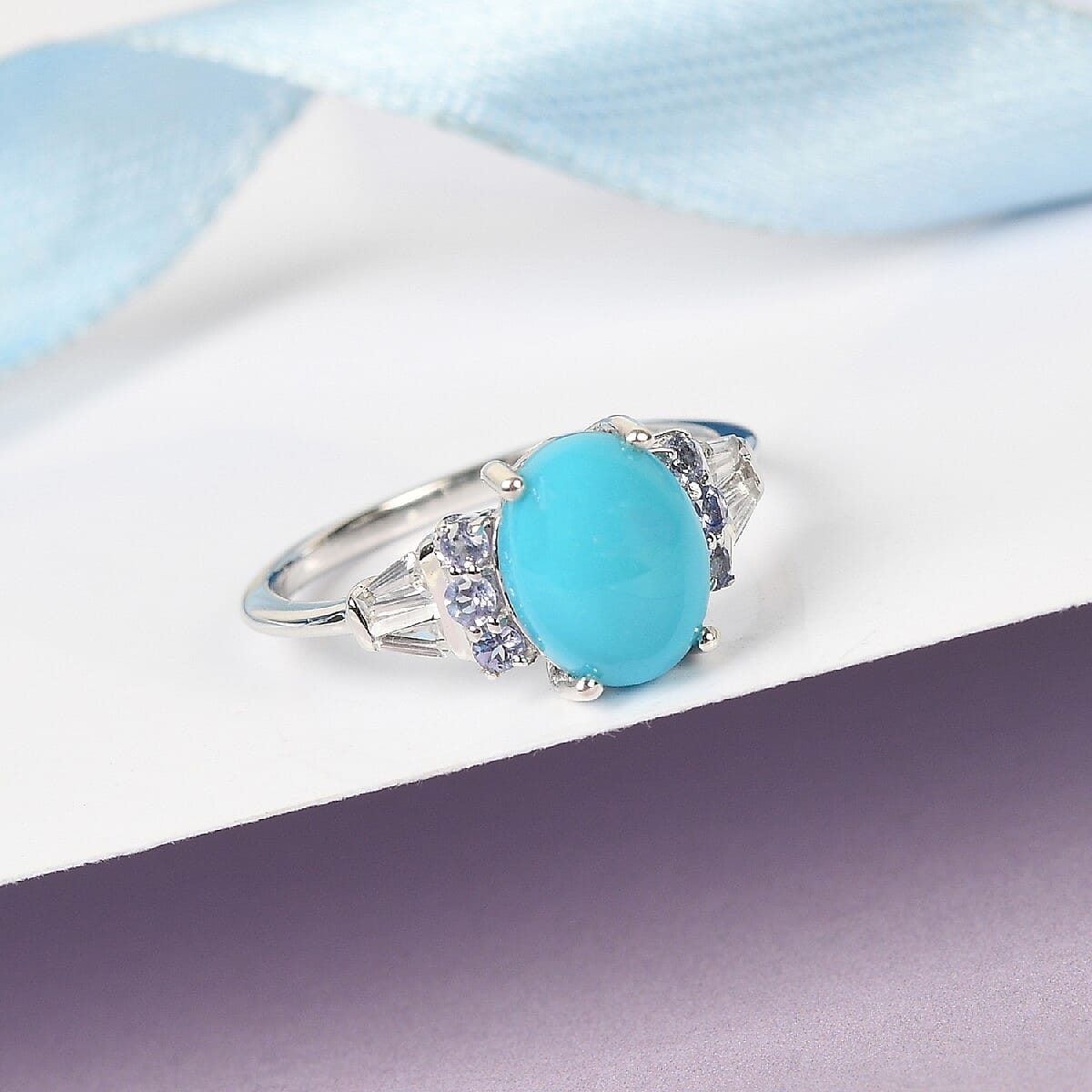 Arizona Sleeping Beauty Turquoise, Tanzanite and Natural Cambodian Zircon Ring in Platinum Overlay Sterling Silver 2.10 Ct.