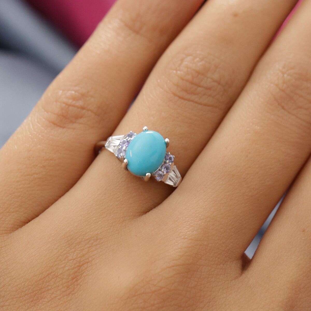 Arizona Sleeping Beauty Turquoise, Tanzanite and Natural Cambodian Zircon Ring in Platinum Overlay Sterling Silver 2.10 Ct.