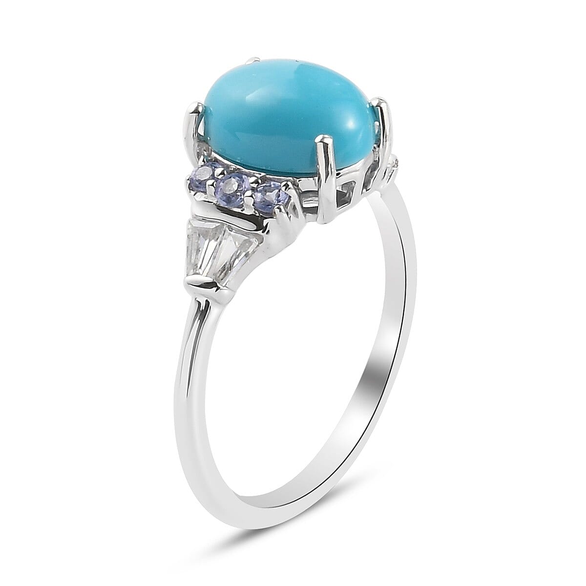 Arizona Sleeping Beauty Turquoise, Tanzanite and Natural Cambodian Zircon Ring in Platinum Overlay Sterling Silver 2.10 Ct.