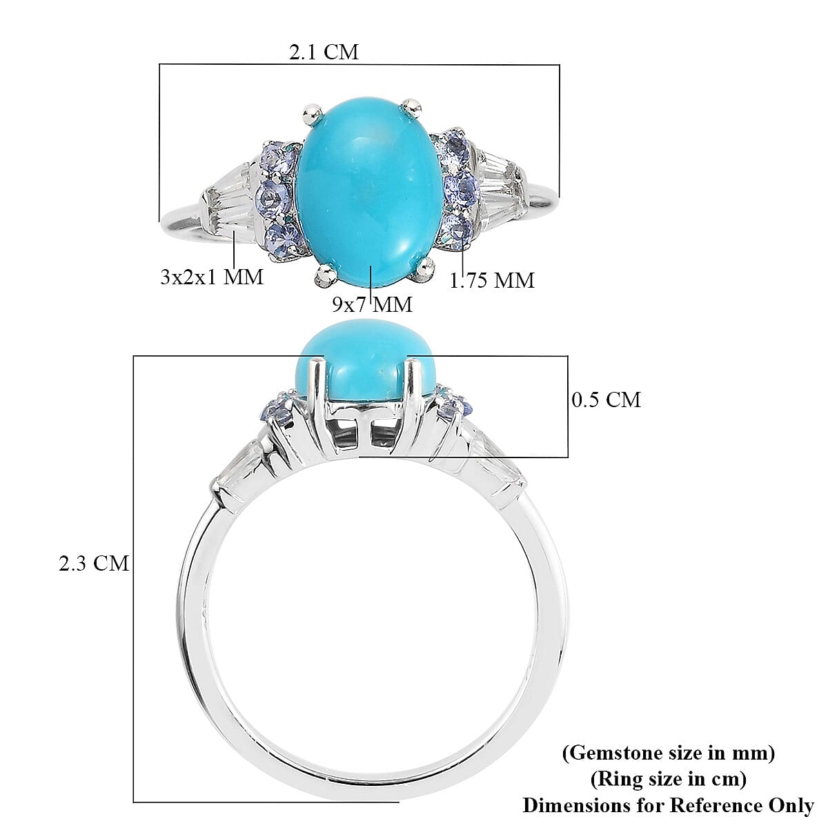 Arizona Sleeping Beauty Turquoise, Tanzanite and Natural Cambodian Zircon Ring in Platinum Overlay Sterling Silver 2.10 Ct.